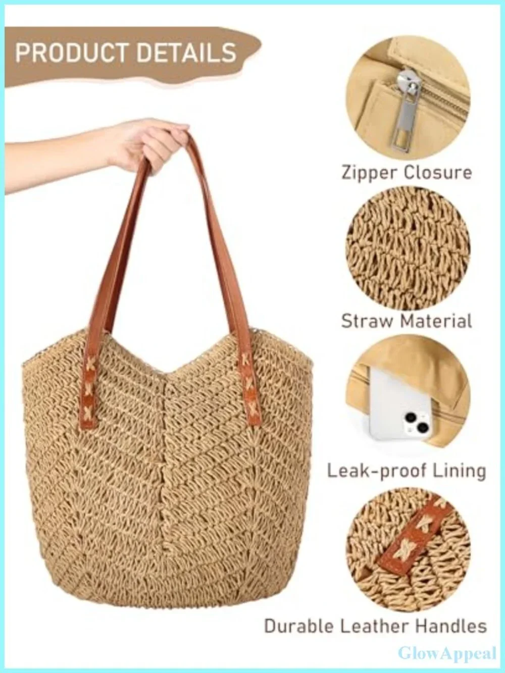 Straw Tote Bag Women Beach Summer Woven Zipper Shoulder Handbag